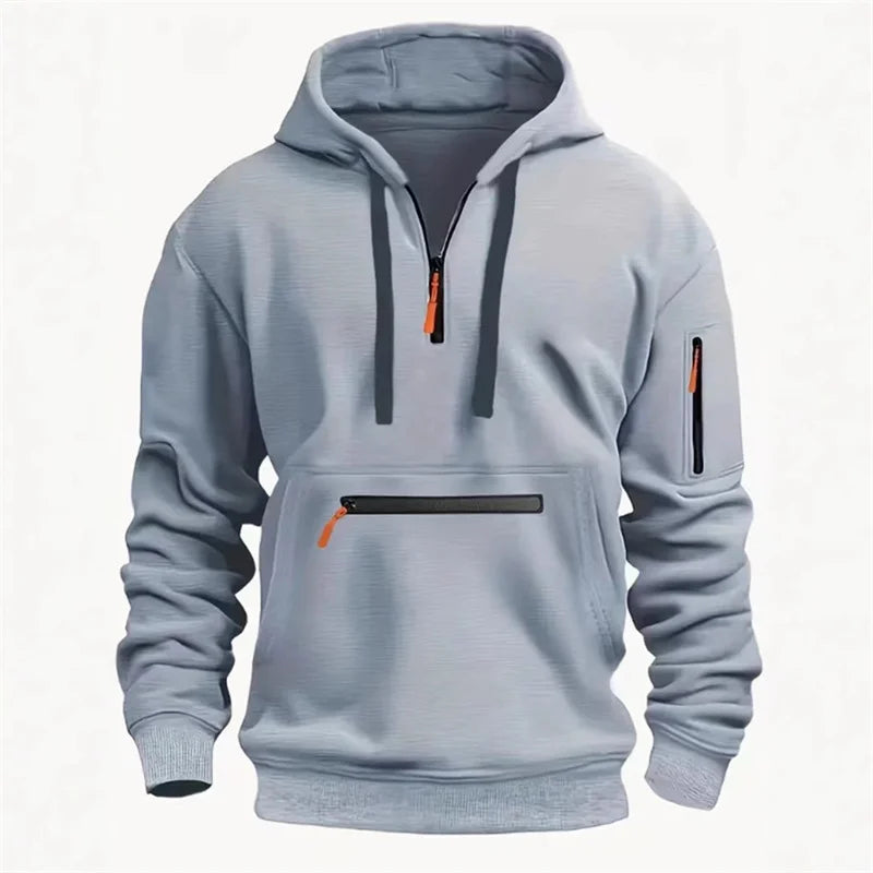 Men's Half-Zip Hooded Sweatshirt, Outdoor Workwear Style, Multi-Pocket Design, Casual Sports Pullover Top, 5 Colors Available