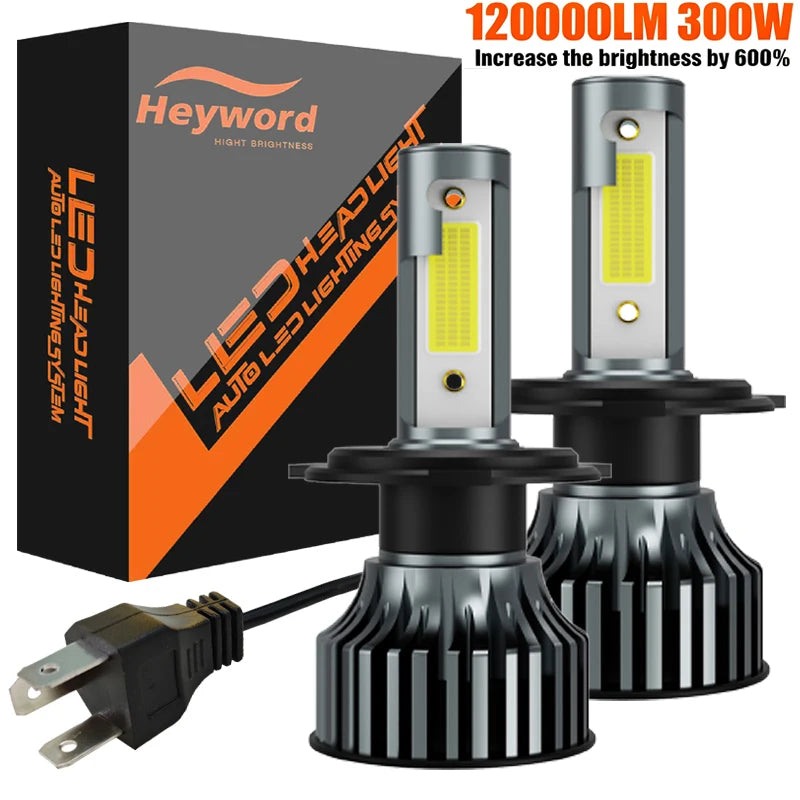 Heyword 2pcs bombillas 12V 9005 9006 H1 H4 H7 H13 9004 9007, 120000LM 300W  faro LED superbrillante para coche, Chip COB, 6000K