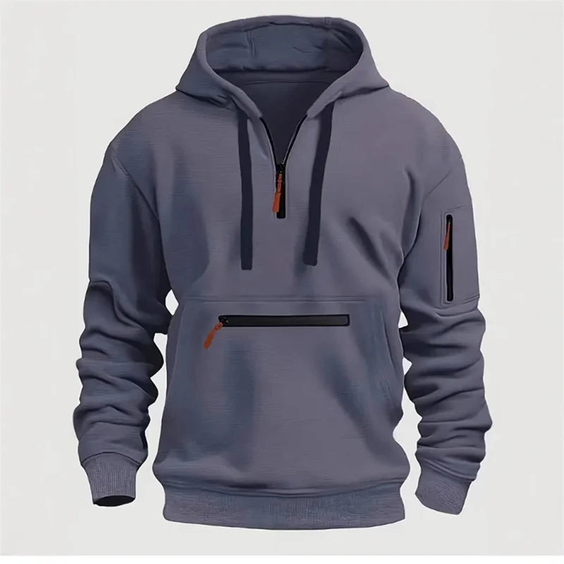 Men's Half-Zip Hooded Sweatshirt, Outdoor Workwear Style, Multi-Pocket Design, Casual Sports Pullover Top, 5 Colors Available