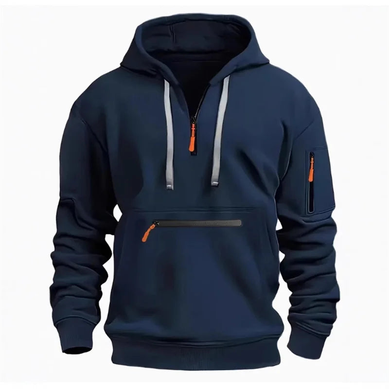 Men's Half-Zip Hooded Sweatshirt, Outdoor Workwear Style, Multi-Pocket Design, Casual Sports Pullover Top, 5 Colors Available
