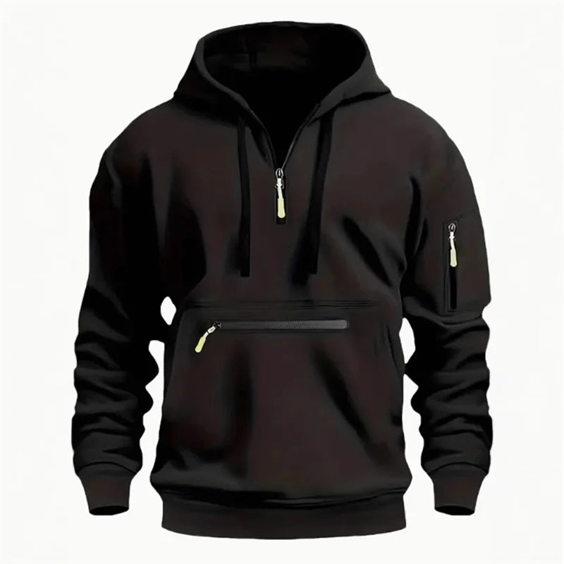 Men's Half-Zip Hooded Sweatshirt, Outdoor Workwear Style, Multi-Pocket Design, Casual Sports Pullover Top, 5 Colors Available
