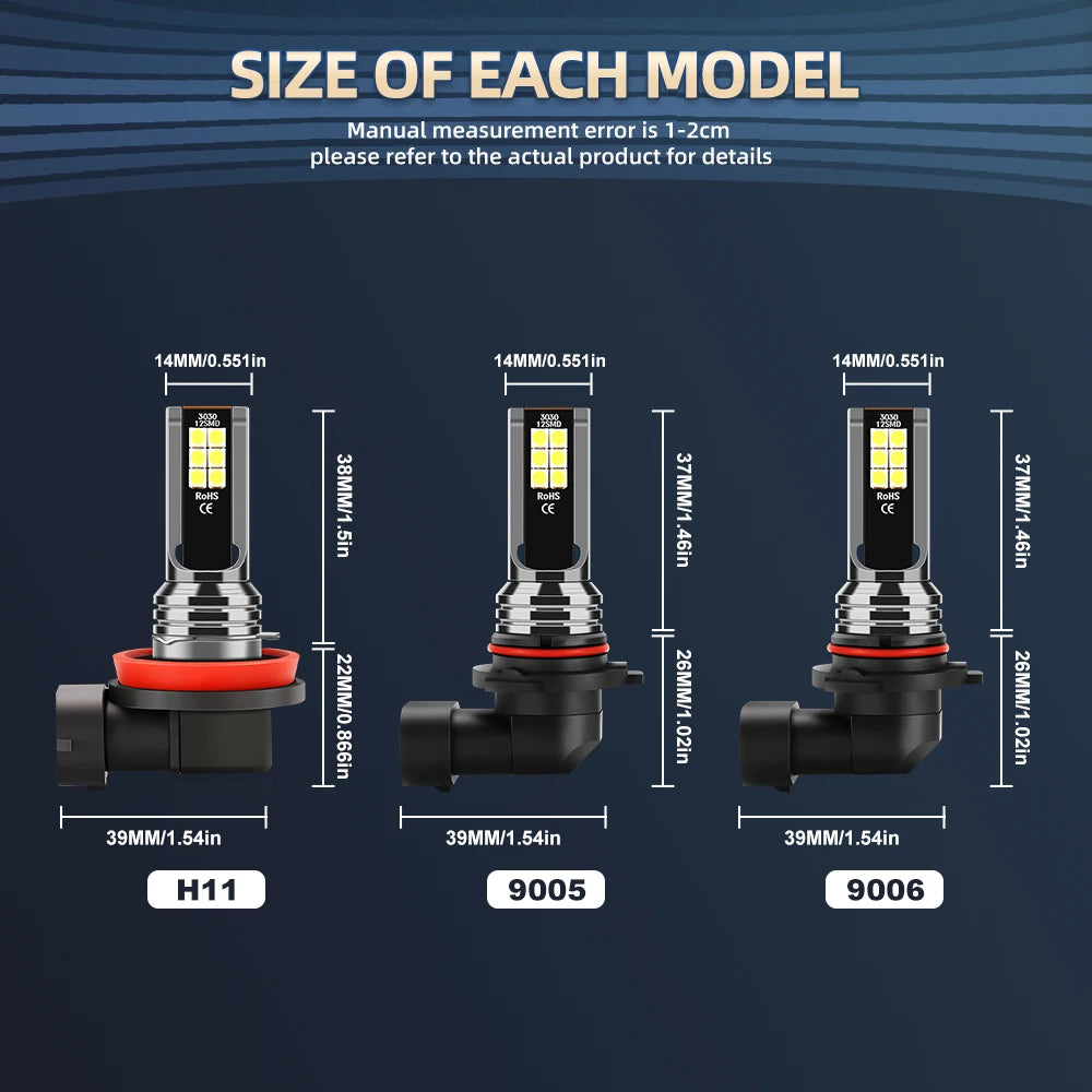 H11 9005/HB3 9006/HB4 5202 Bulbs 30000LM High Power Lamps 6000K White +600% Brightness LED Zero Dark Spot IP68 Waterproof 2pcs