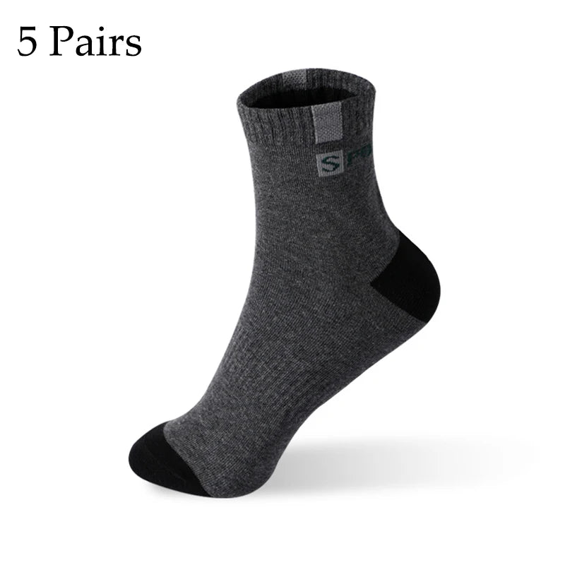 5 Pairs Cotton Sock for Men Sport Breathable Soft Letter Fashion Sneakers High Elastic Middle Tube Stocking Towel Sox Summer