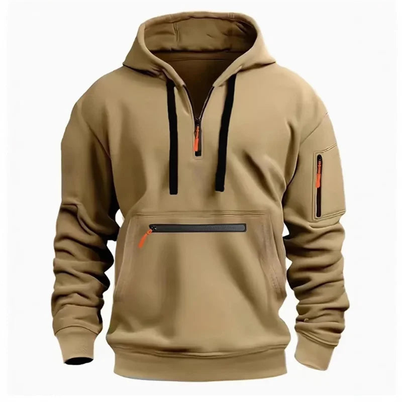 Men's Half-Zip Hooded Sweatshirt, Outdoor Workwear Style, Multi-Pocket Design, Casual Sports Pullover Top, 5 Colors Available